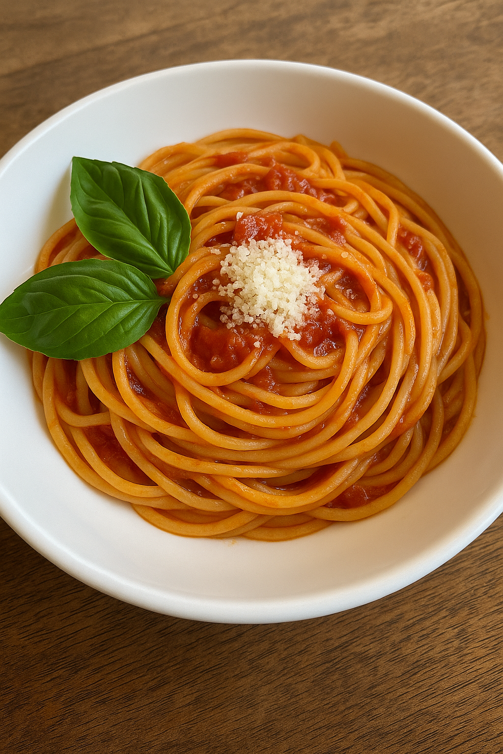 Homemade pasta with fresh tomato sauce and basil